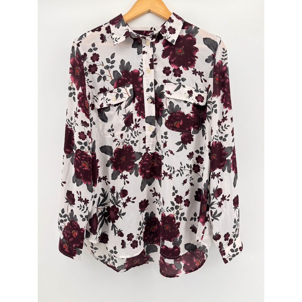 LOFT Outlet Womens Large Floral Roses Utility Blouse Burgundy White Long Sleeve